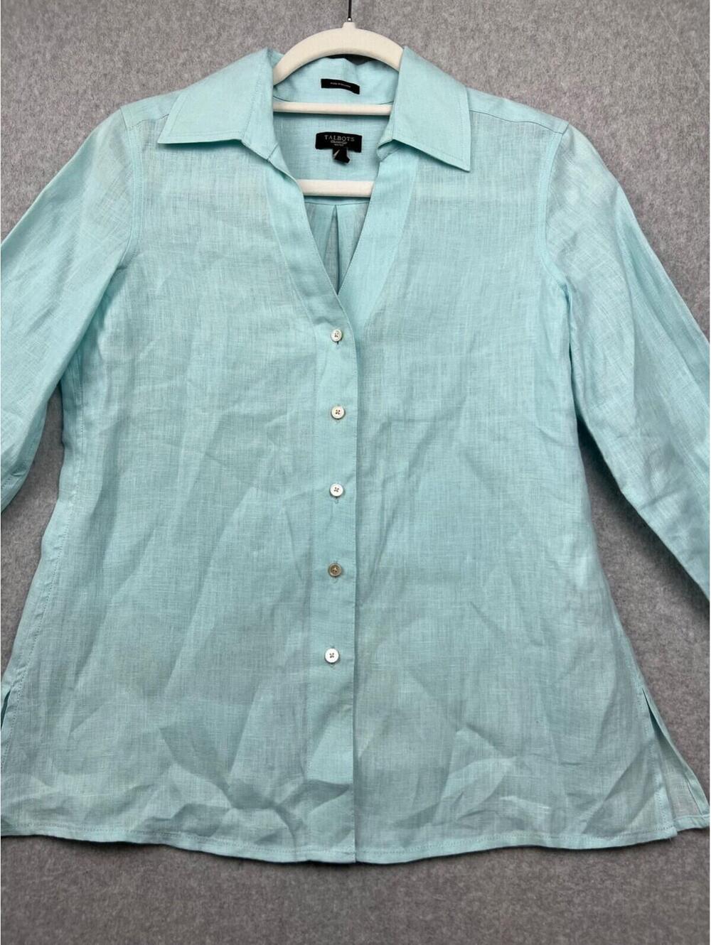 Talbots Irish Linen Button-Up Shirt Womens Petite 2 Coastal blue